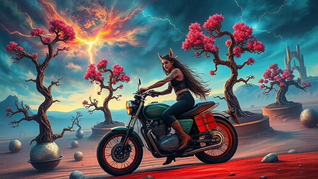 Venus Rides Motorcycle in Sci-Fi Desert Storm