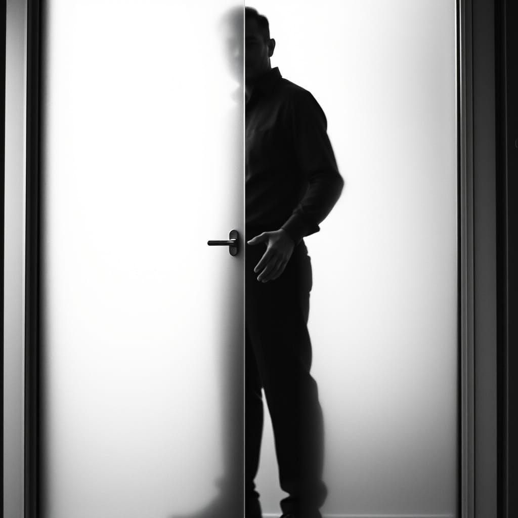 High-Contrast Silhouette Behind Frosted Glass in Black and W...