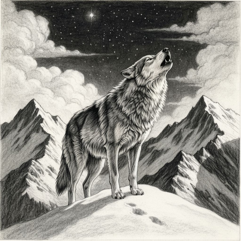 Lone Wolf Howling: Dramatic Charcoal Sketch