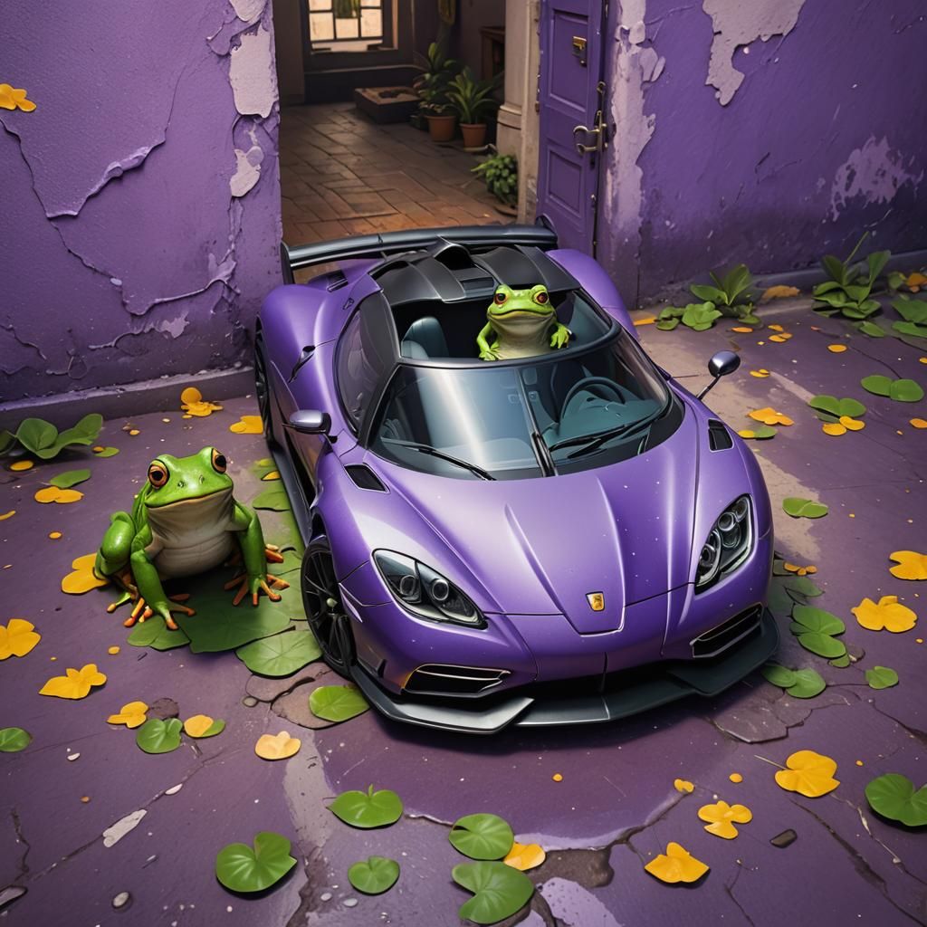 Frog and Purple Koenigsegg in Hyperrealistic 3D