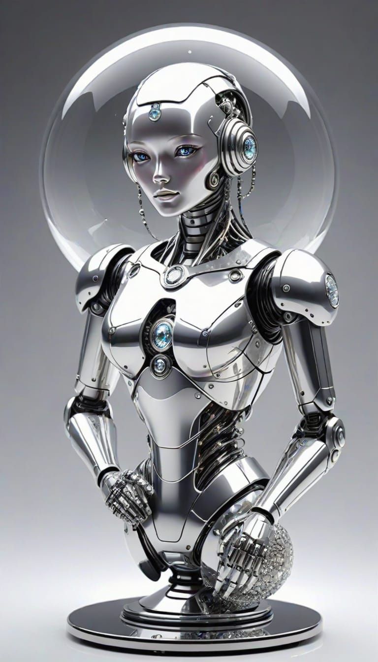 Feminine Robot Woman with Diamonds in Glass Sphere
