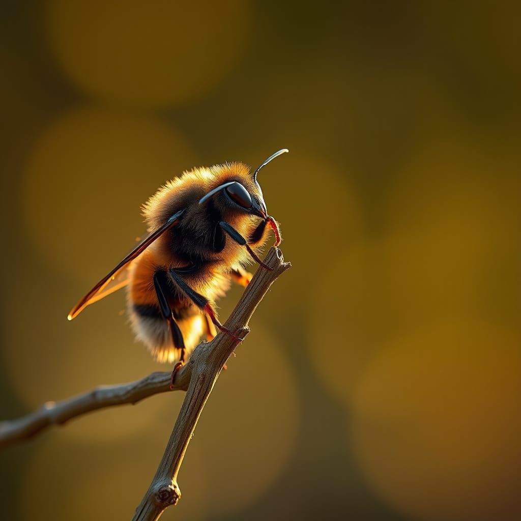 Feathered Bee Perched on Branch in Sunlight