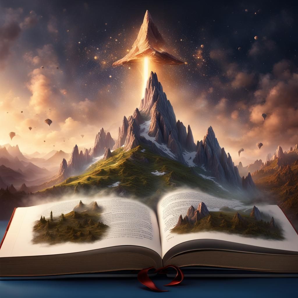 Fantastical Mountains Emerging from Book, Detailed Matte Pai...