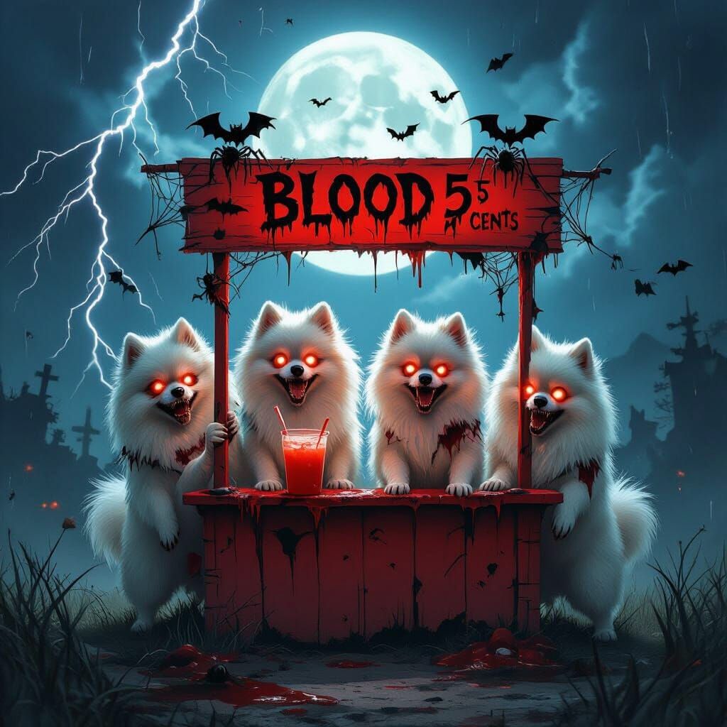 Zombie Pomeranians Host Slime Stand Under Moonlit Storm
