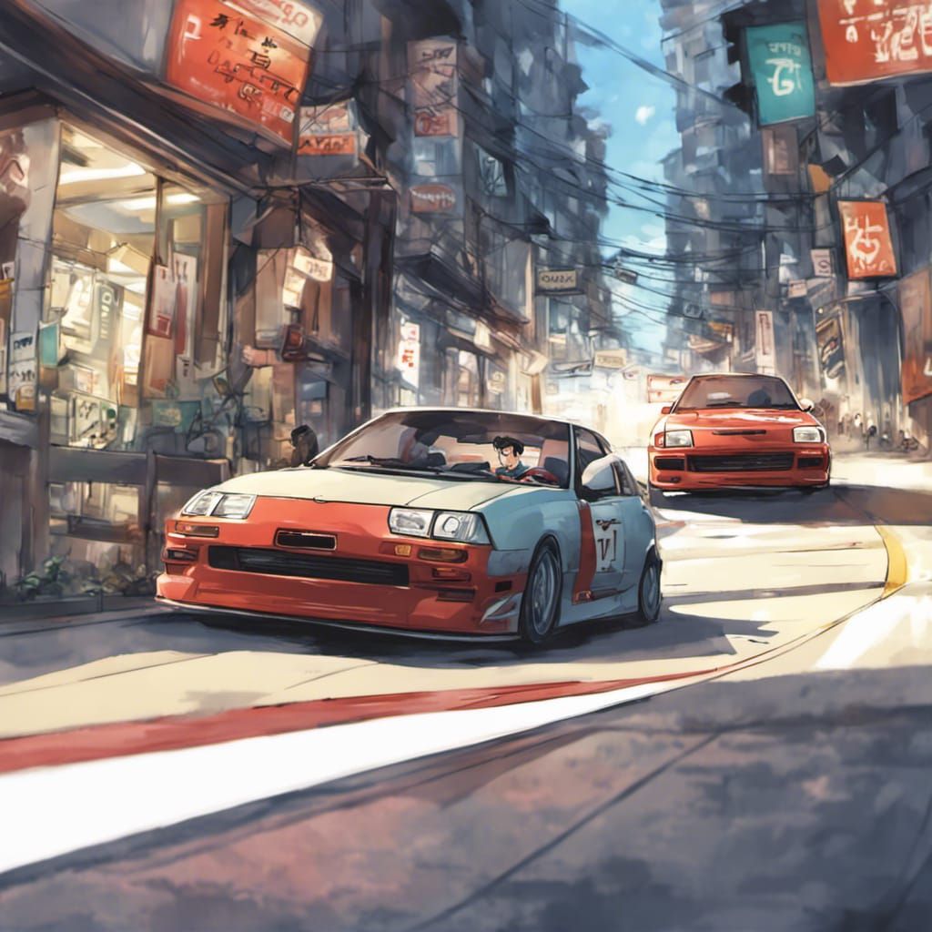 Cars Racing in Street: Anime-Style Illustration