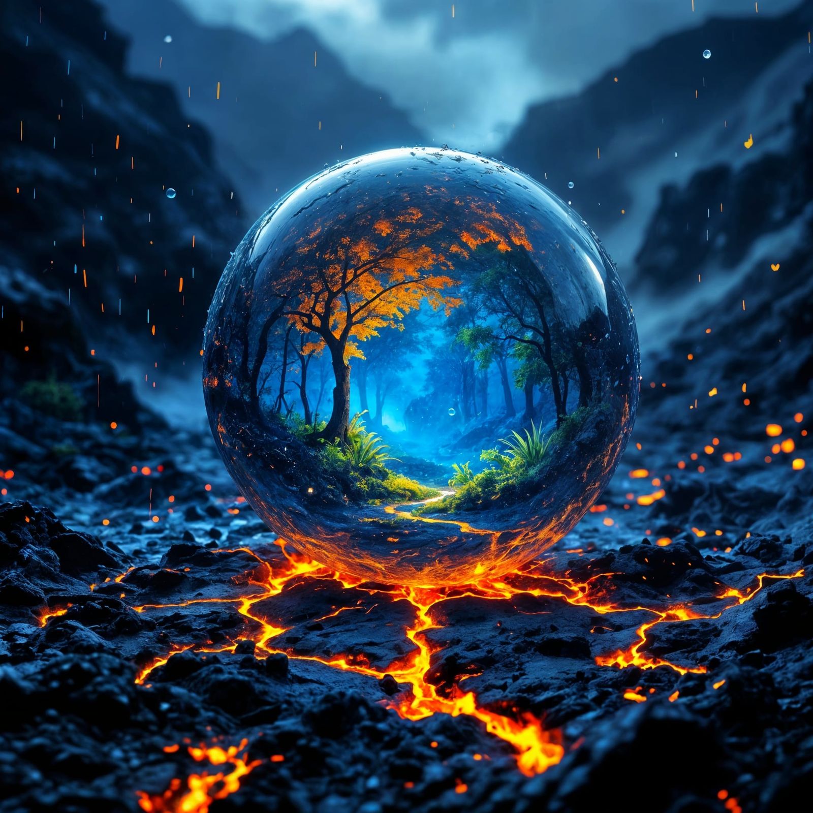 Water Sphere Reflects Lost Forest Over Lava