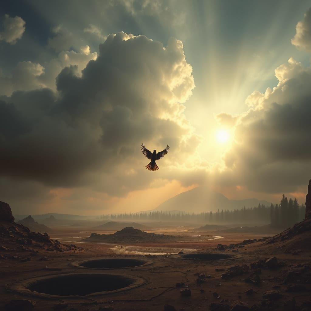 Bird Soars Above a Ruined Landscape