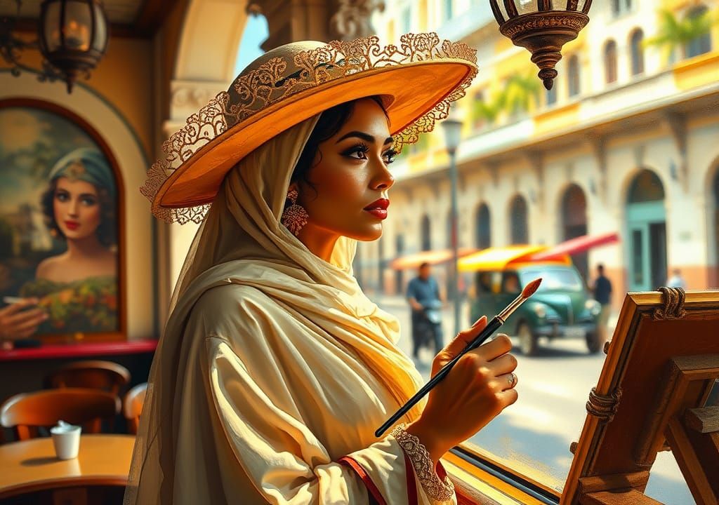 Arab Woman in Havana Cafe: Impressionist Oil Painting