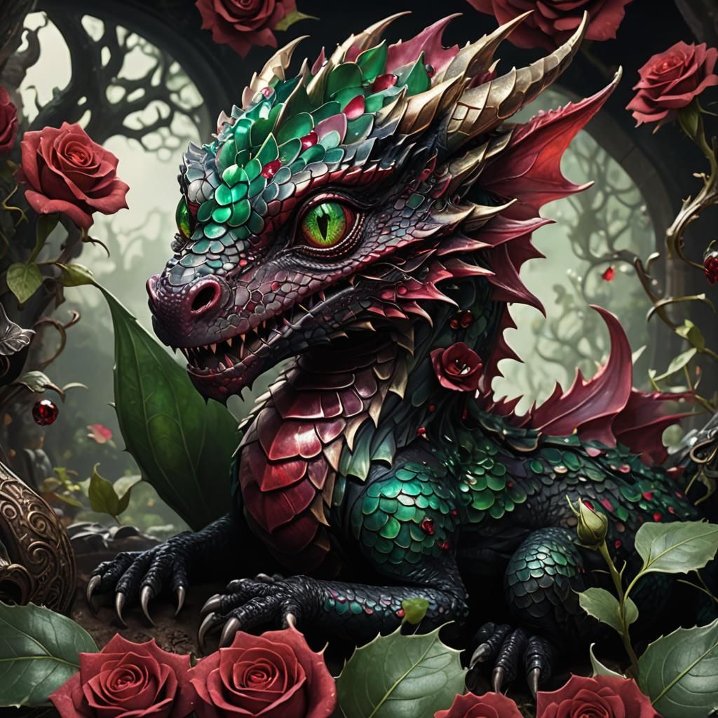 Whimsical Fantasy Dragon in a Black Rose