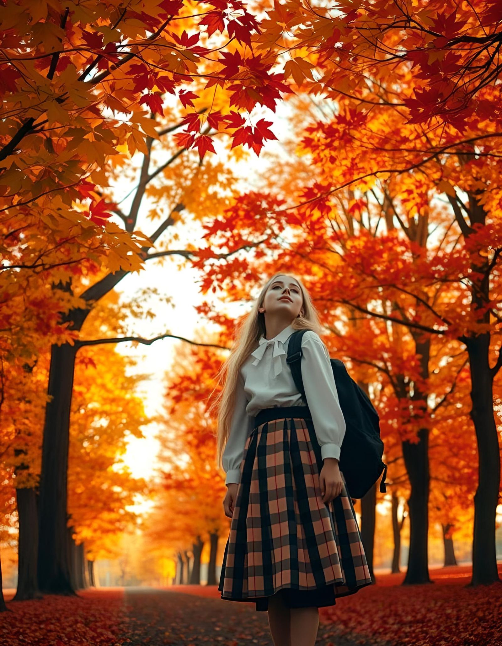 Autumnal Nature Scene with Girl in Golden Light