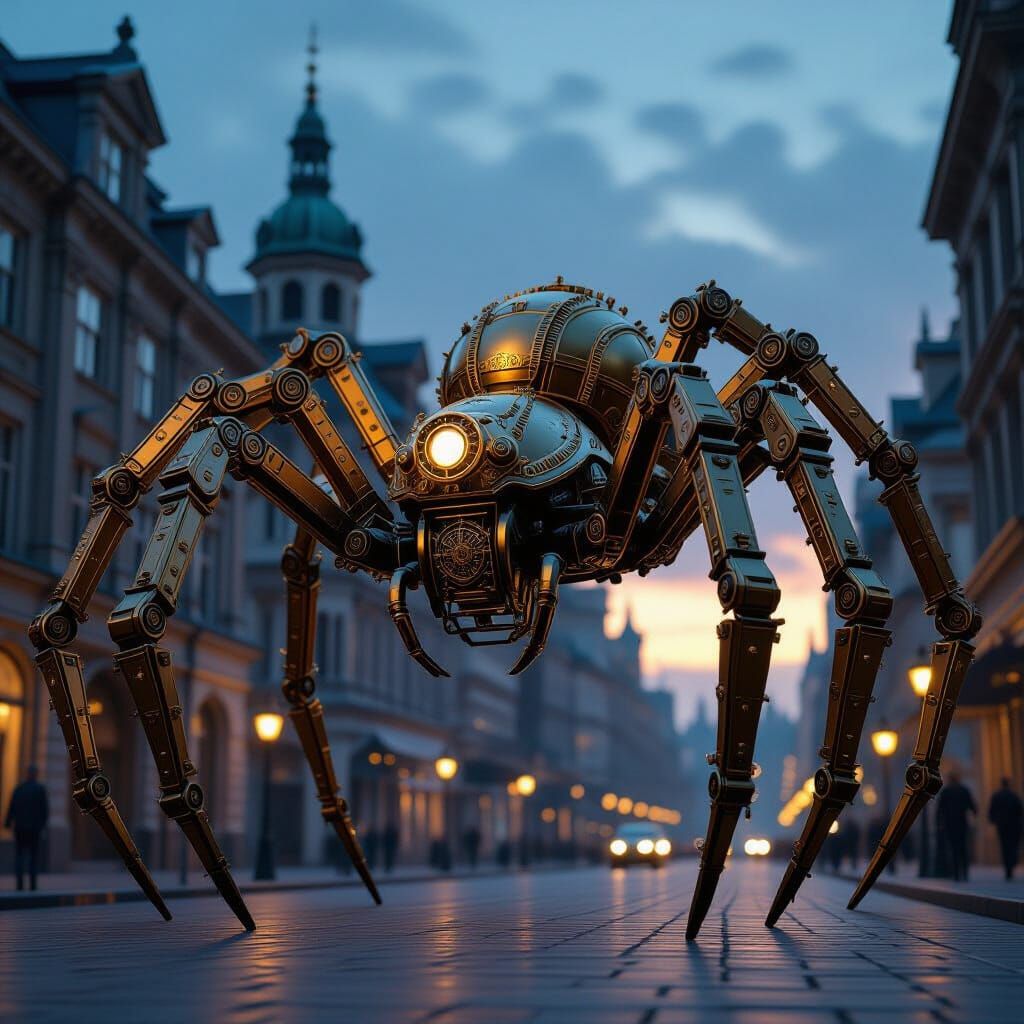 Colossal Steampunk Clockwork Spider in Victorian City