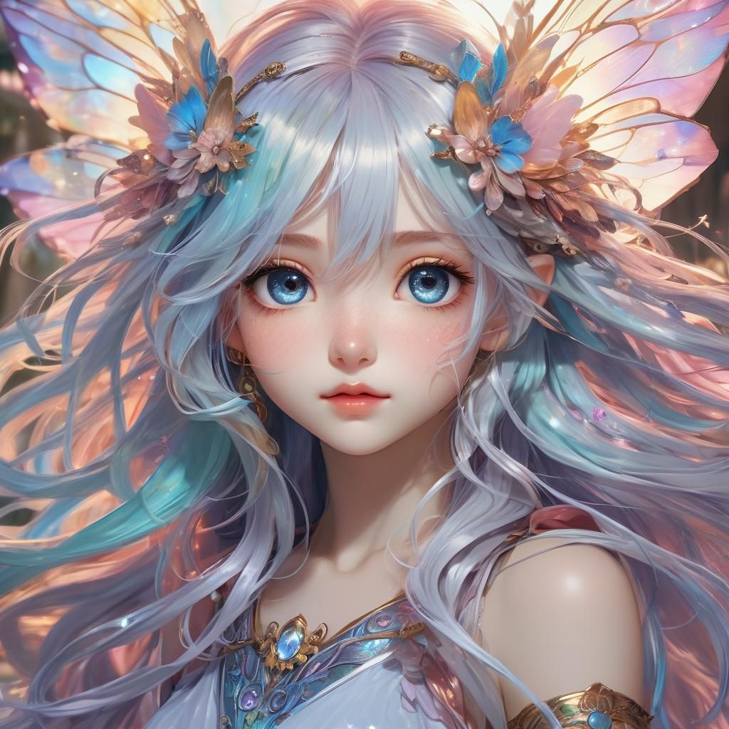 Anime Fairy Portrait with Holographic Wings