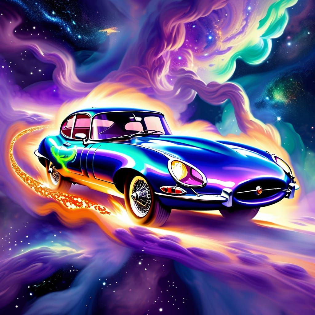 Futuristic Jaguar E-Type Drifting Through Nebula