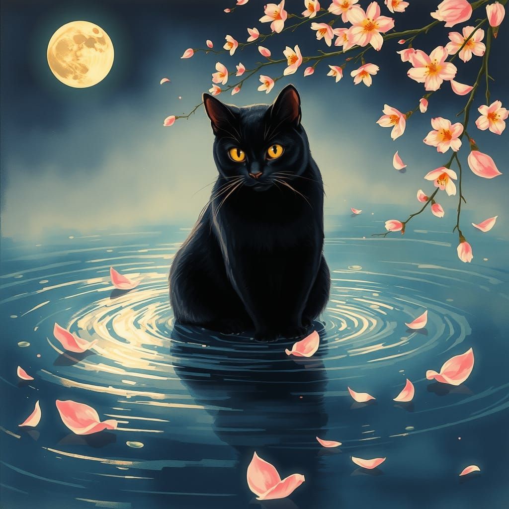 Mystical Black Cat with Cherry Blossoms as Watercolor