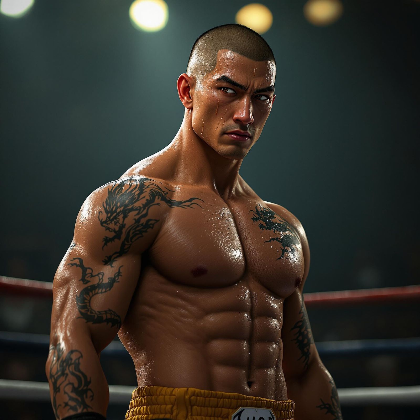 Dramatic Boxer in Ring with Dragon Tattoo