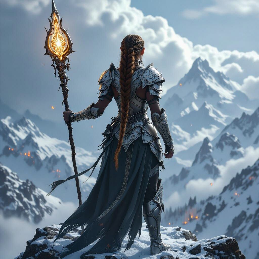 Elven Warrior Woman on Mountain Peak in Digital Art