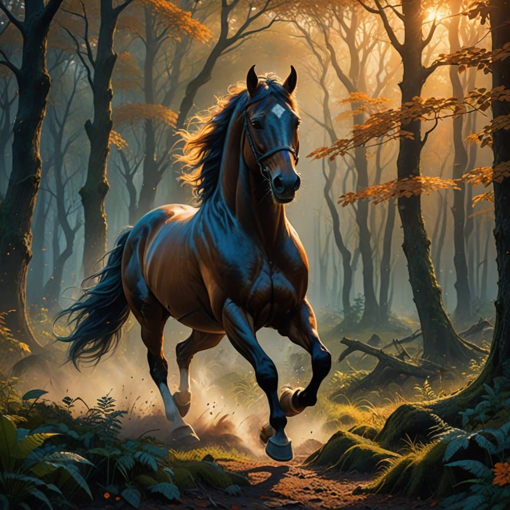 Mystical Horse Running in Forest: Oil Painting