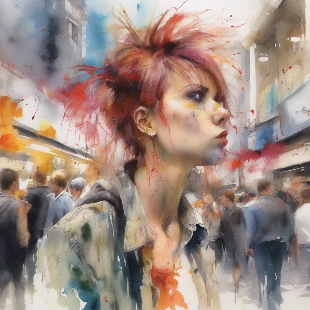Vibrant Punk in a Bustling Shopping Mall - Watercolour Art