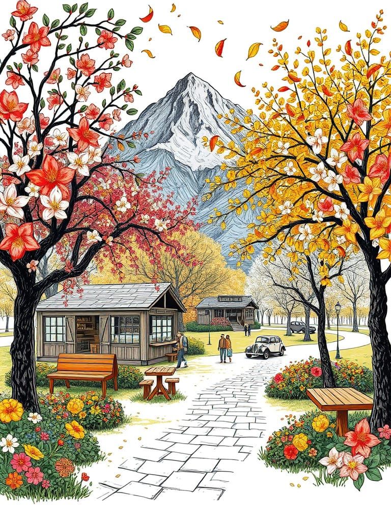 Blossoming Garden Paradise with Vintage Coffee Shop