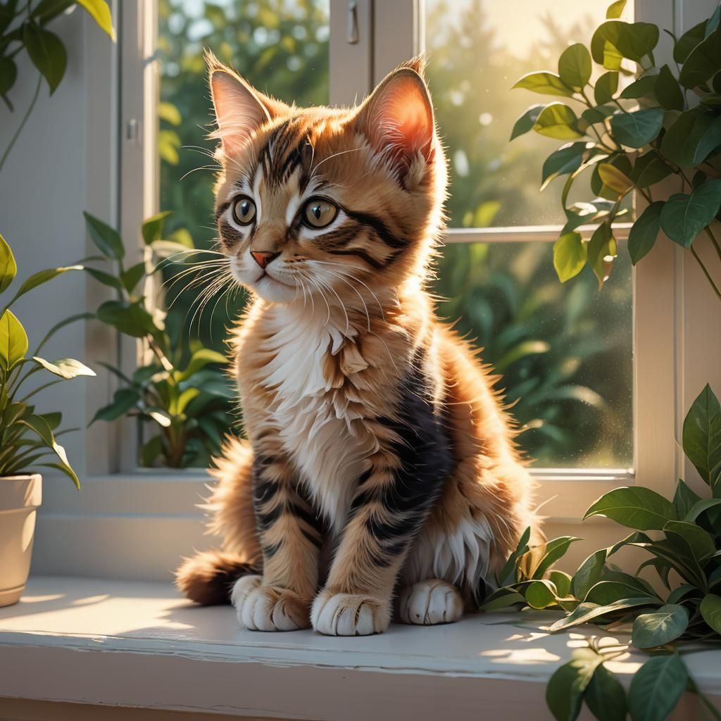 Playful Kitten on Windowsill in 3D Digital Art