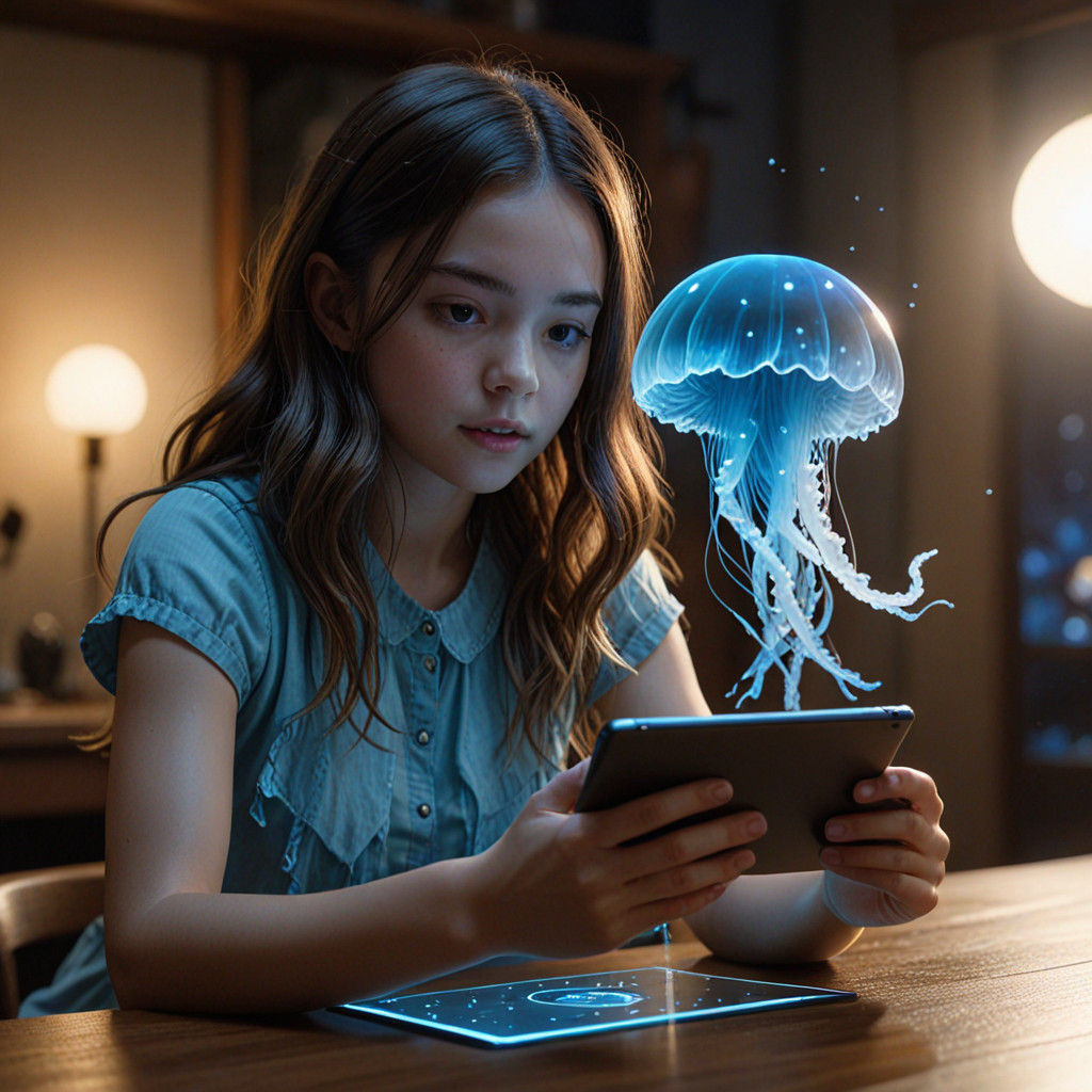 Surreal Dreamscape of a Girl Interacting with a Holographic....