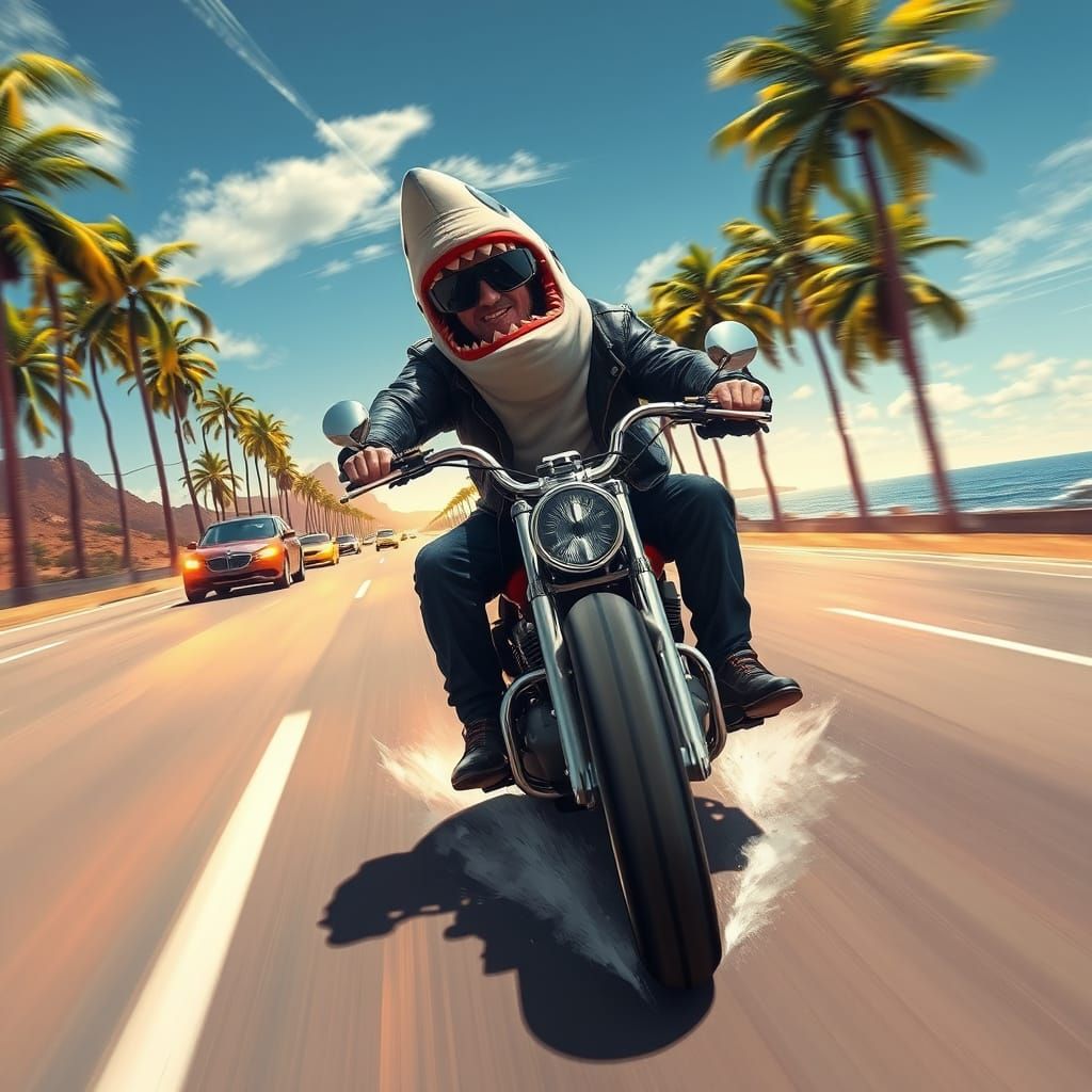 Hyperrealistic Shark Rides Motorcycle Down Coastal Highway