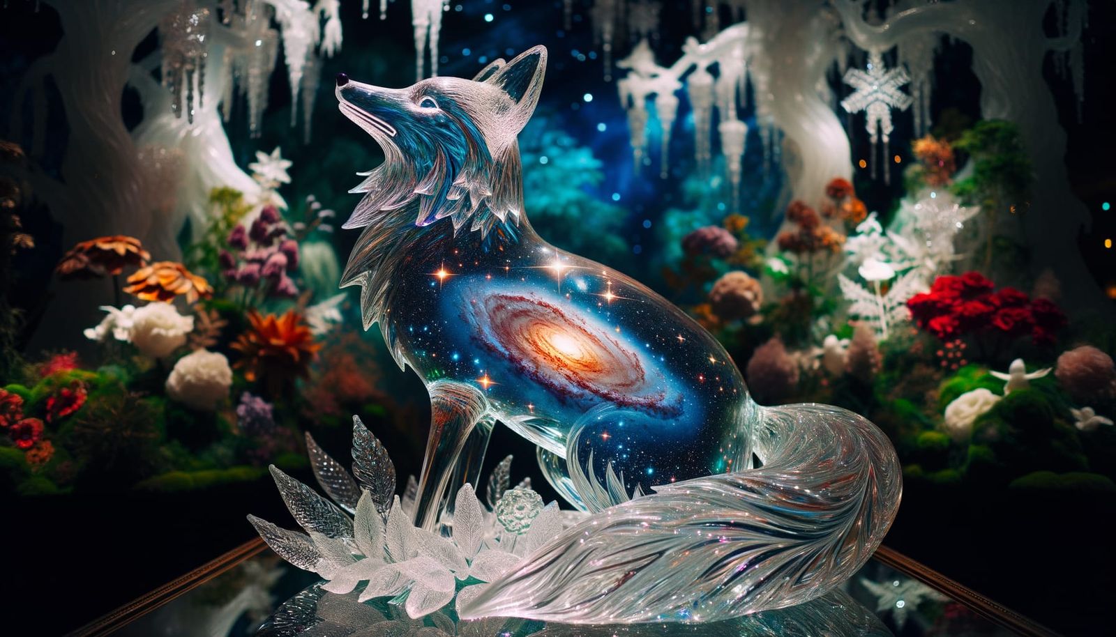 Crystal Fox Sculpture Encapsulating a Galaxy
