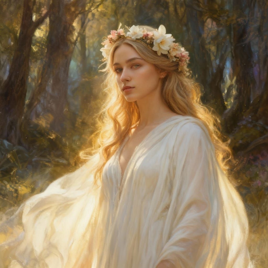 Serene Goddess in Mystical Forest, Ethereal Art Style