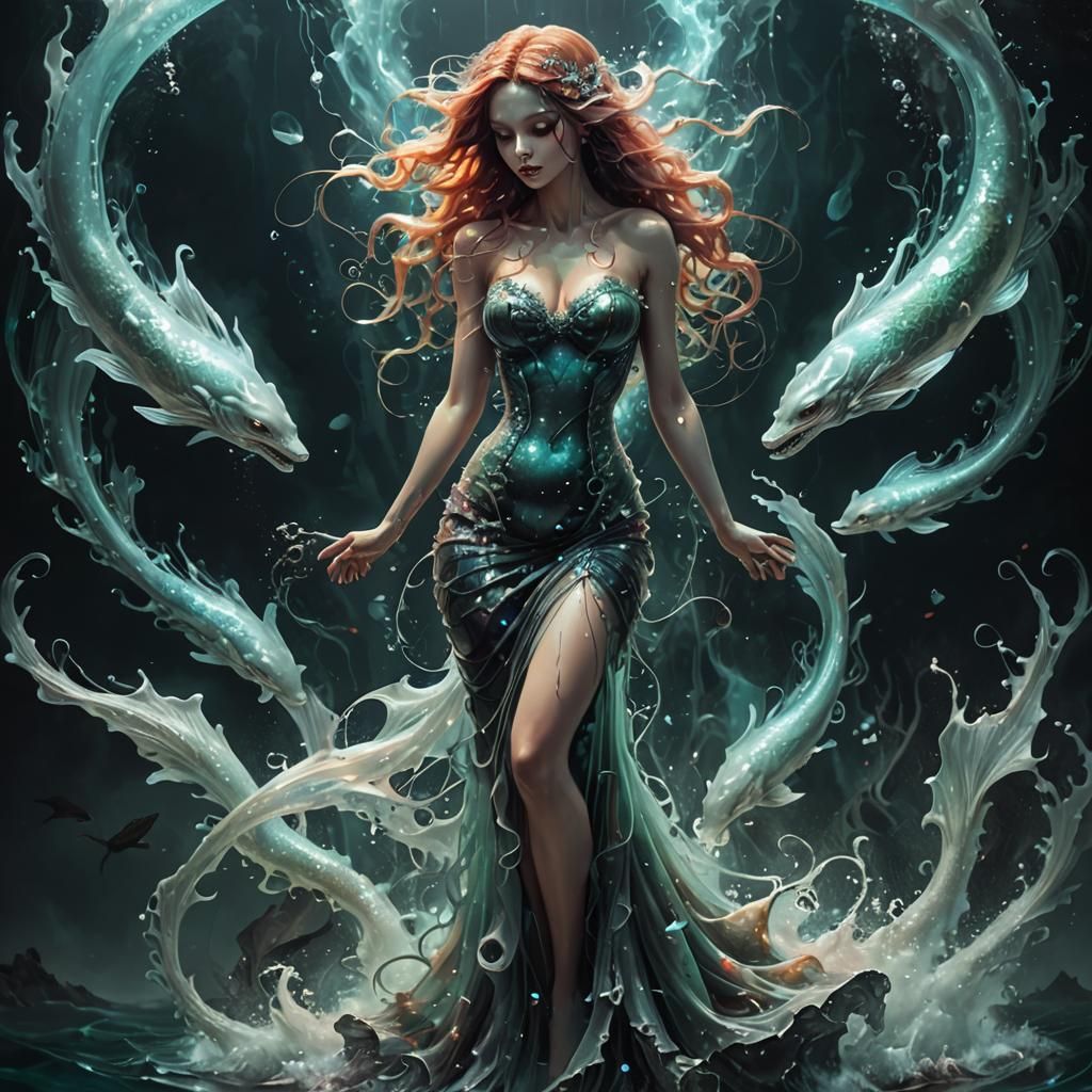 Sinister Mermaid with Bioluminescent Spirits