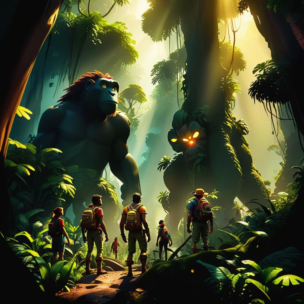 Adventurers in Jungle, Pixar-Style 3D Digital Art