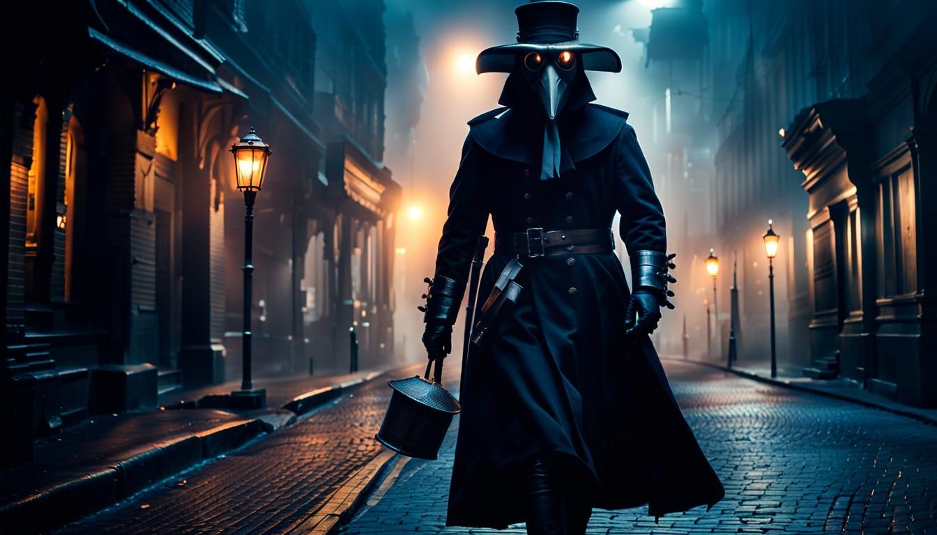 Plague Doctor in Burning City: Dark Fantasy Concept Art