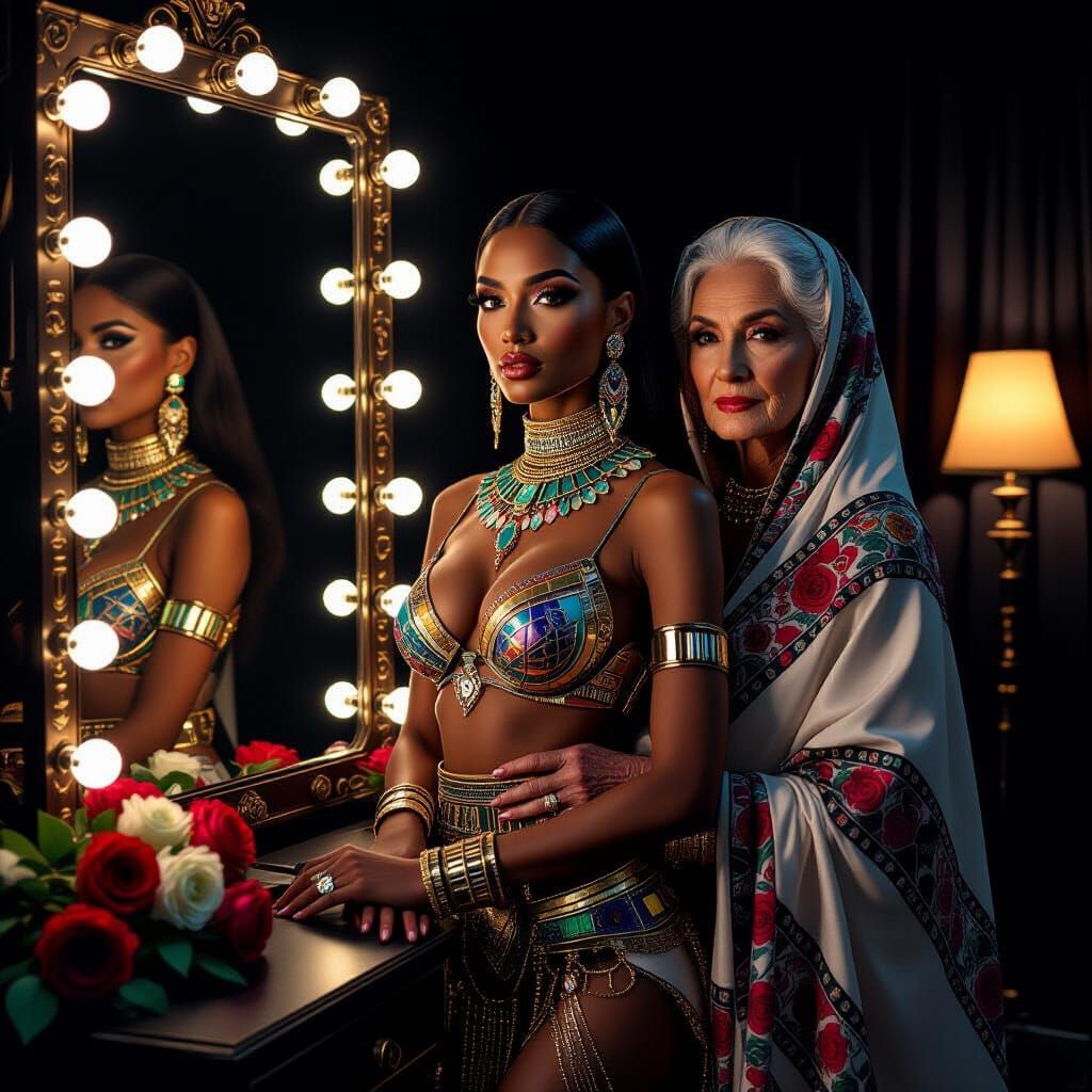 Egyptian Goddess in Backstage Mirror Reflection