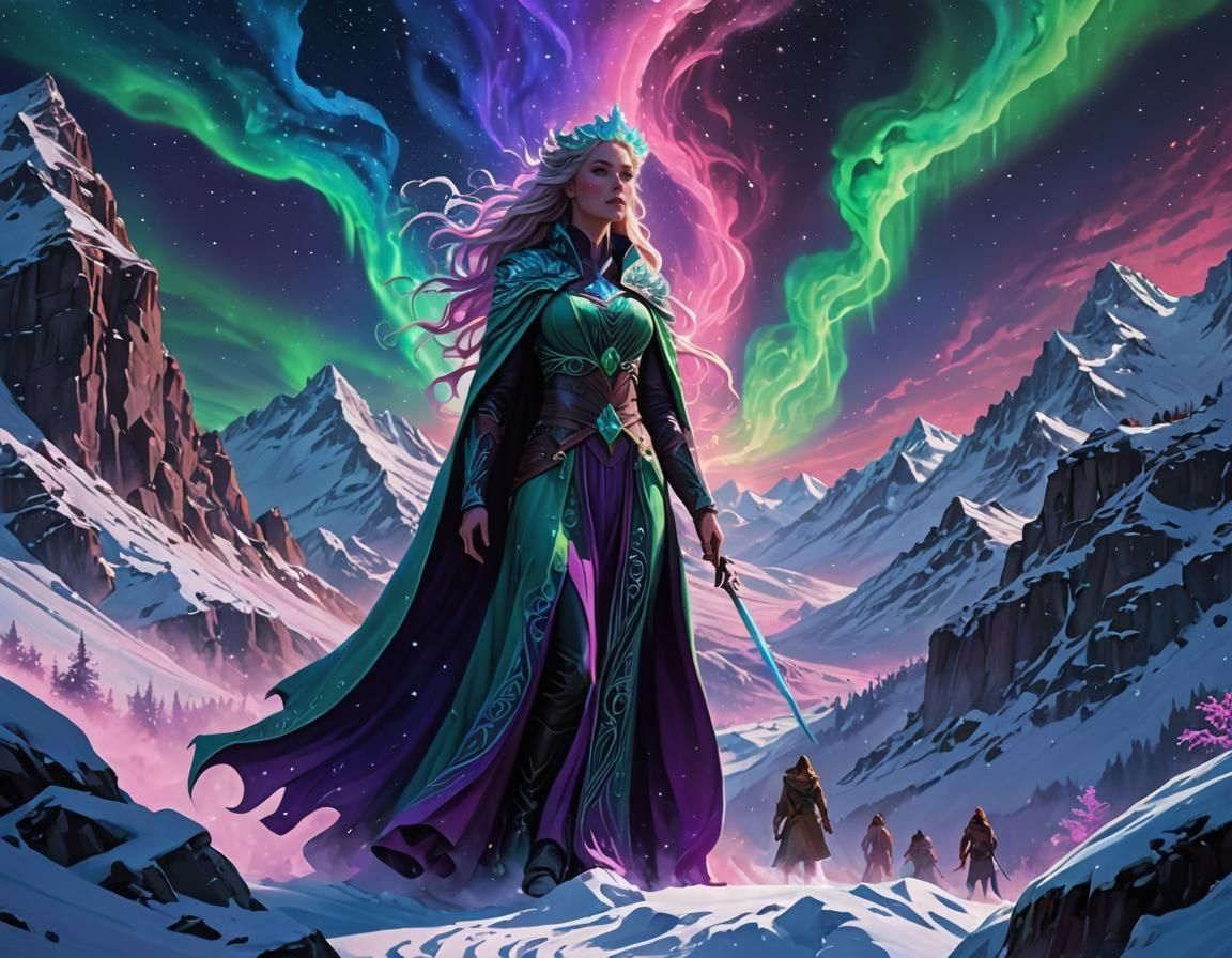 Snow Goddess Over Mountain Pass in Gothic Art Style