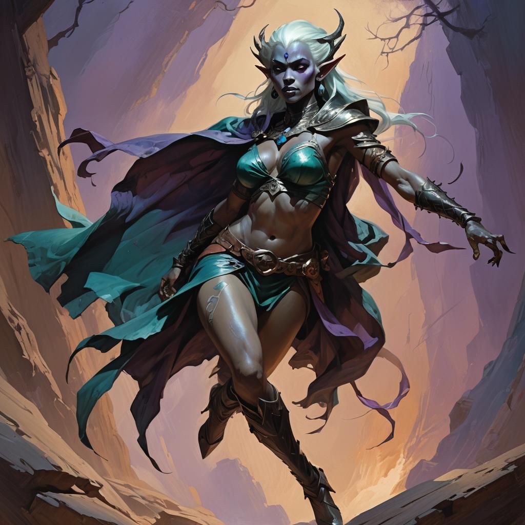 Dynamic fantasy concept art. Low-angle medium shot. Dark Elf...