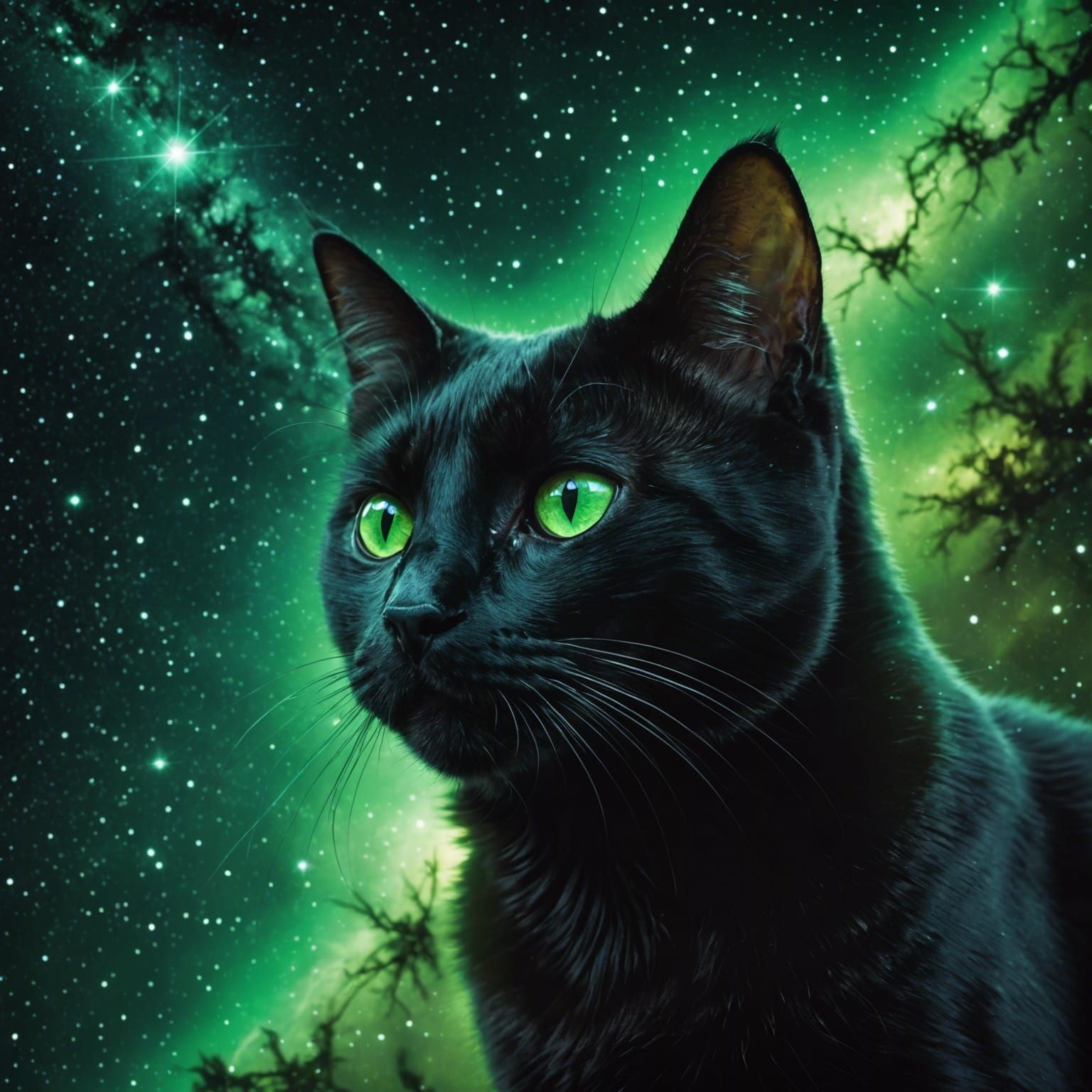 Black Cat in Green Galaxy: Hyperrealistic Starlight