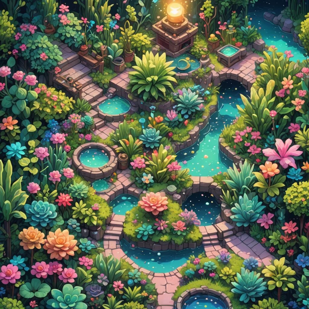 A charming miniature garden in pixel art style, featuring gl...