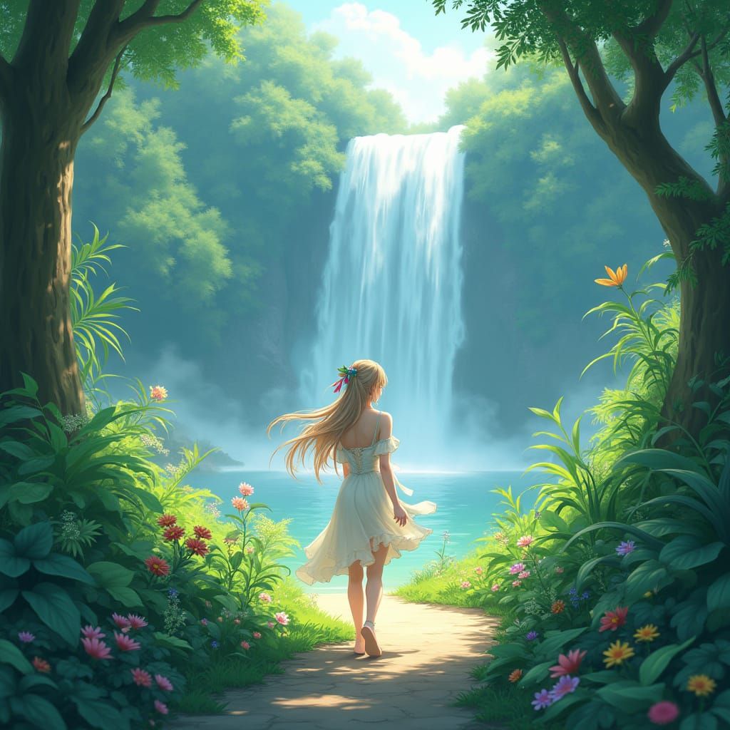 Serene Girl in Lush Green Garden with Majestic Waterfall