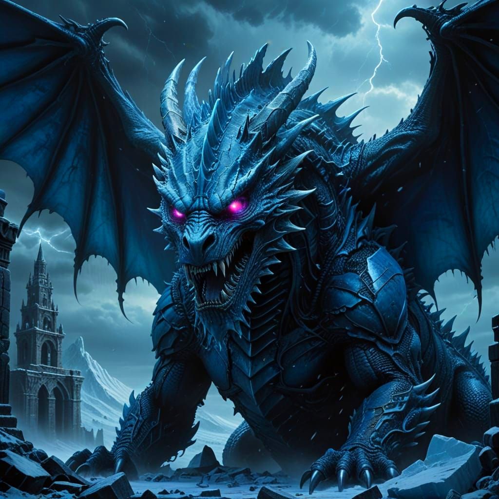 Majestic Ice Dragon Guardians Ruined Gate in Frozen Realm