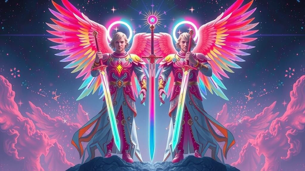 Radiant Archangels Gabriel and Herald in Neon-Lit Splendor