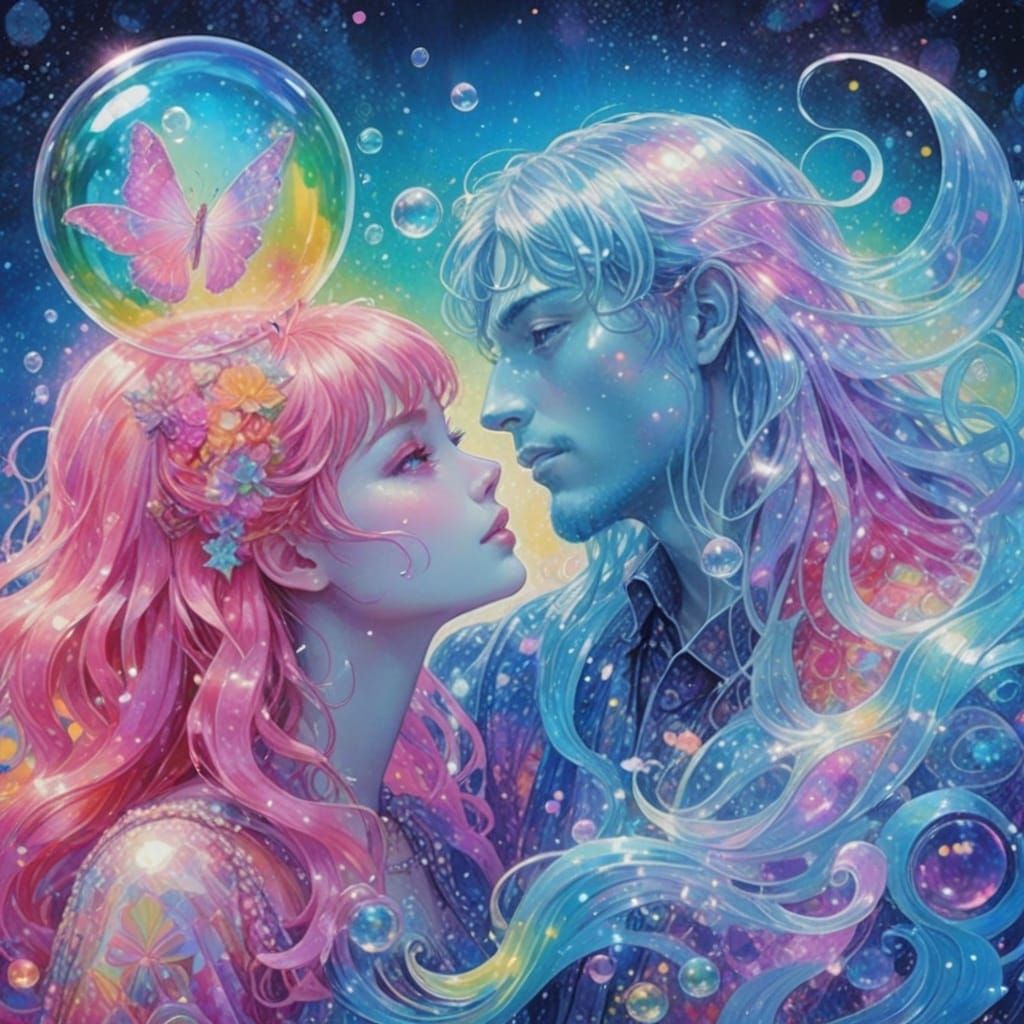 Whimsical Fairy Couple in Vibrant Holographic Dreamscape