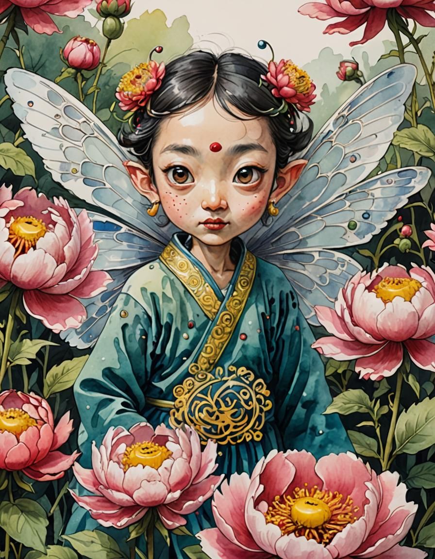 Winged Fairy with Googly Eyes on Peony in Watercolor