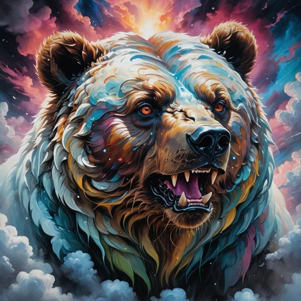 Surreal Bear Head Emerges from Cloud in Oil Painting Style