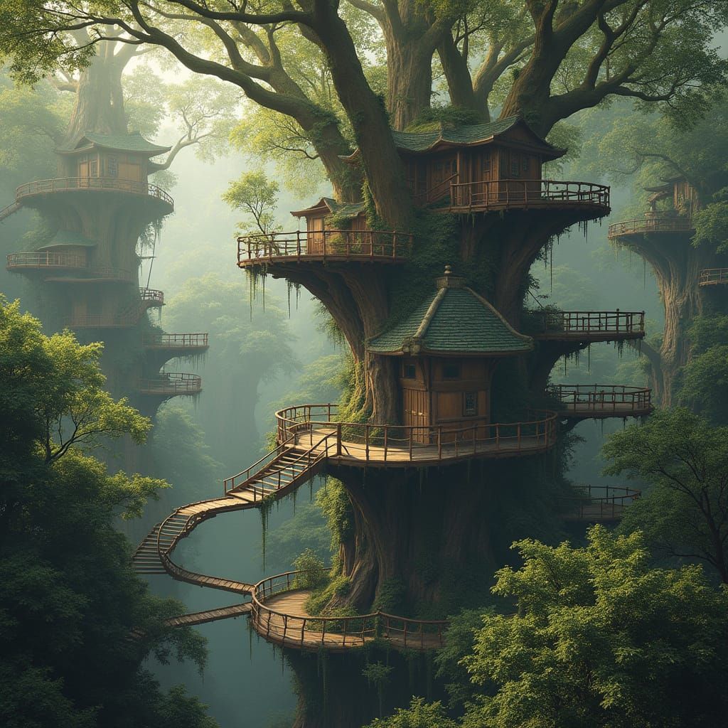 Intricate Treehouse City in a Lush Forest