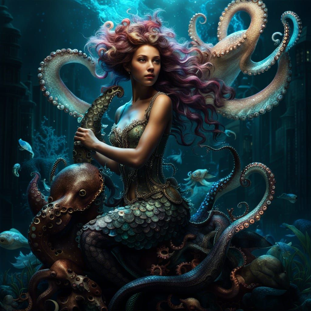 Luminescent Mermaid-Octopus in Epic Fantasy Style