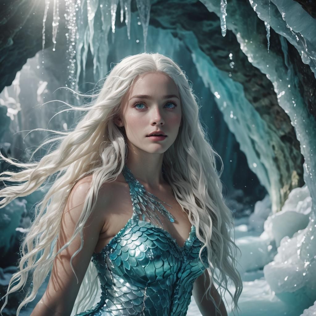Icy Cave Mermaid in Cinematic Film Still