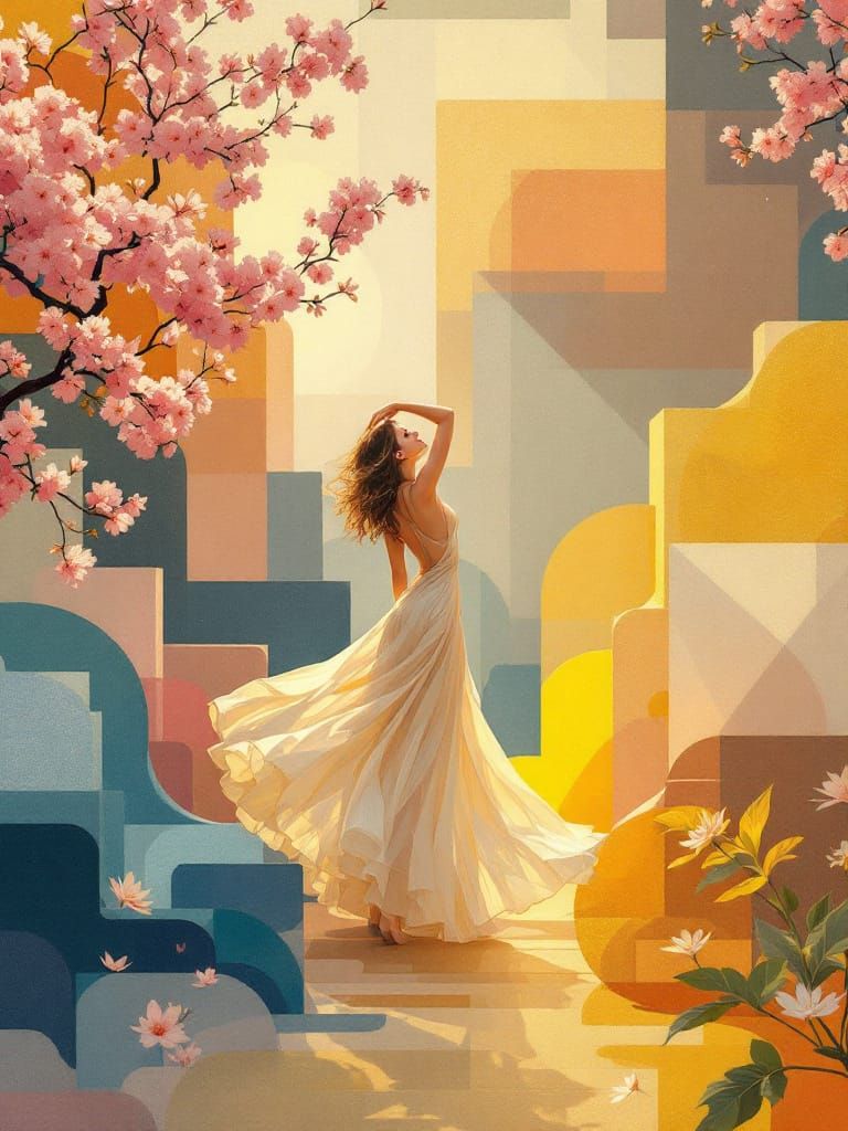 Optimistic Retro Garden Fusion with Geometric Abstract Figur...