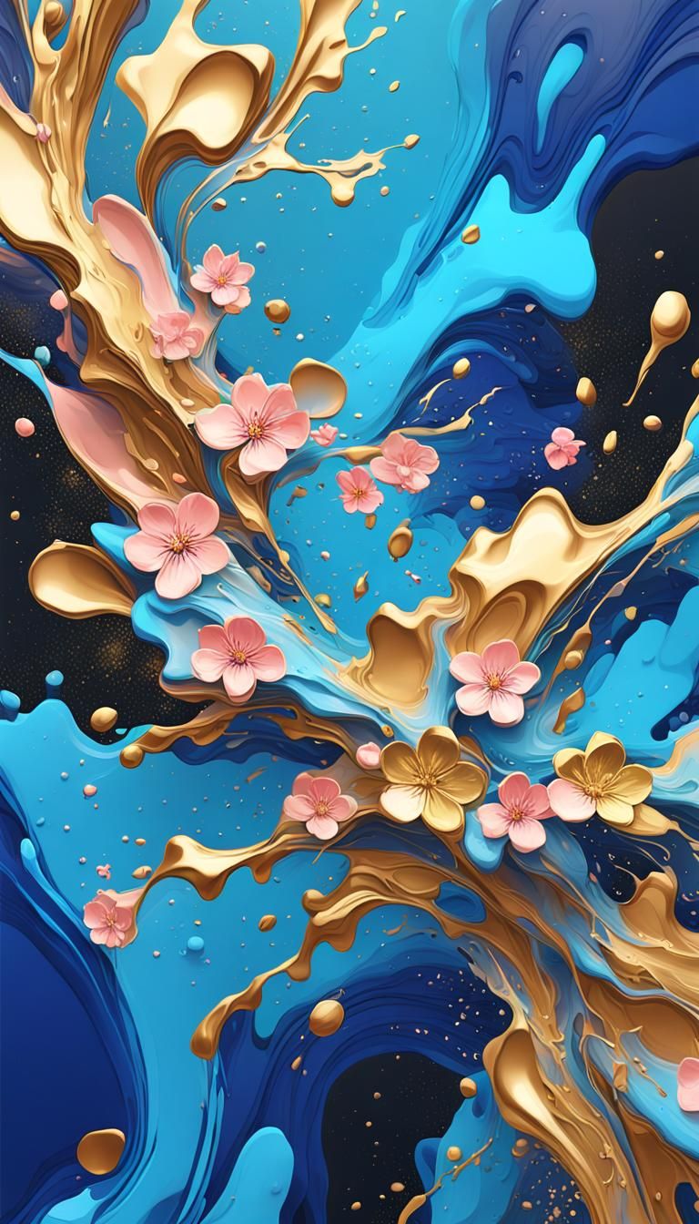 Abstract Sakura Flower Art in Peach, Gold, and Blue