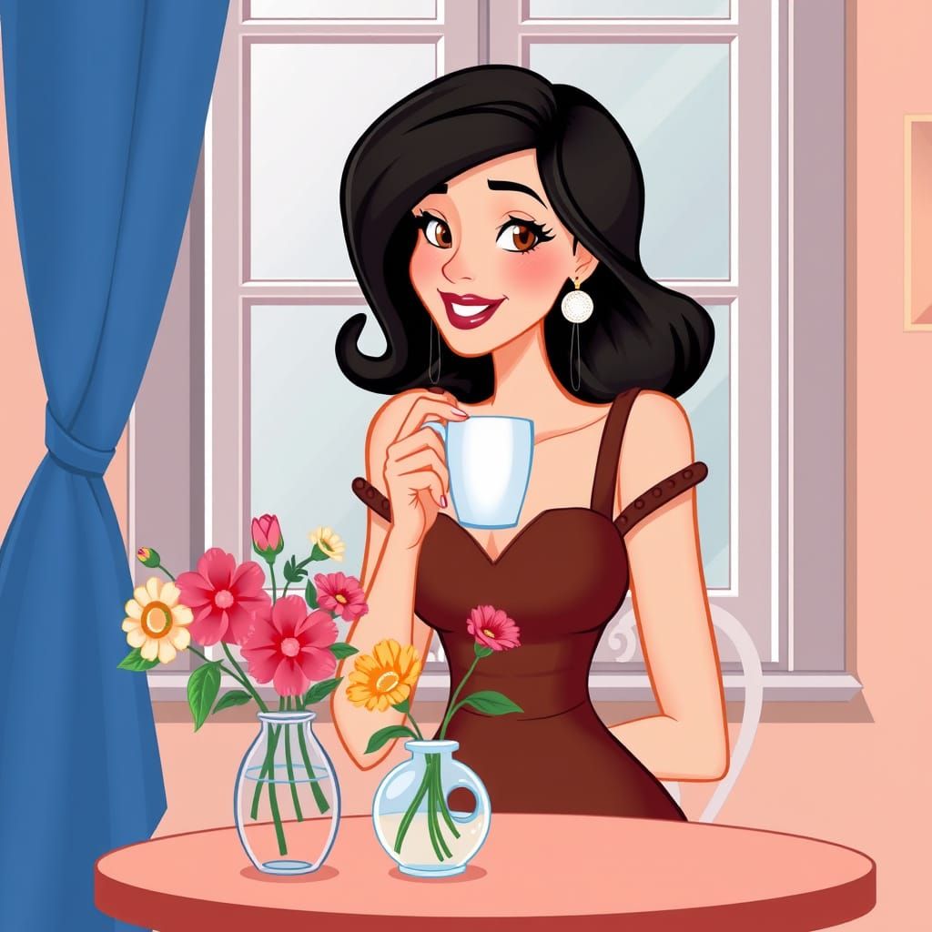 Cartoon Woman Enjoying Coffee in Disney Vintage Style