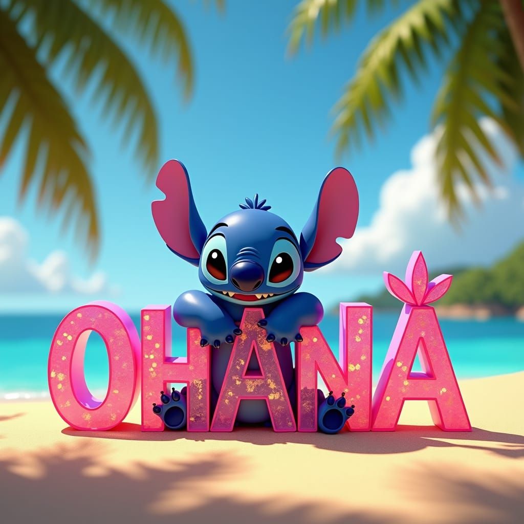 Stitch on Beach with 'OHANA' Letters in Stylized Art