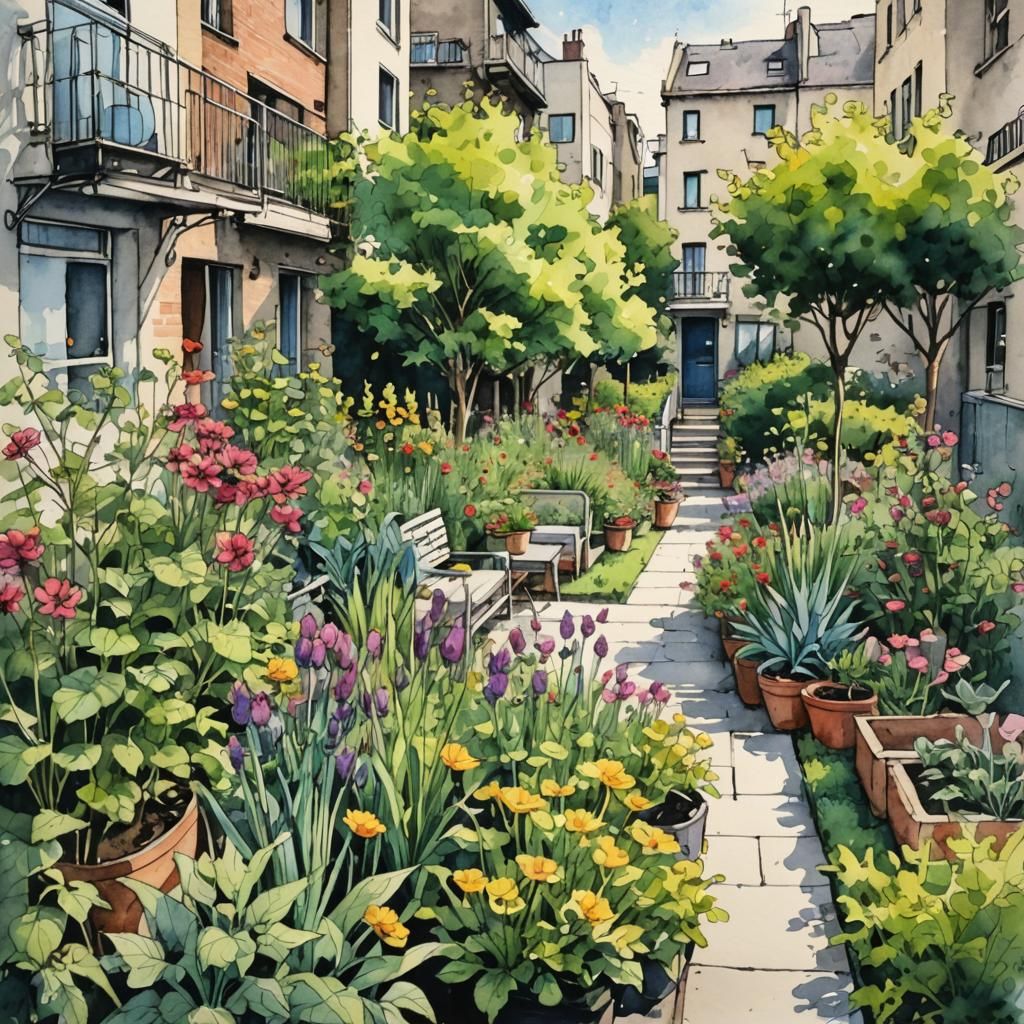 Urban Garden in Watercolor and Ink